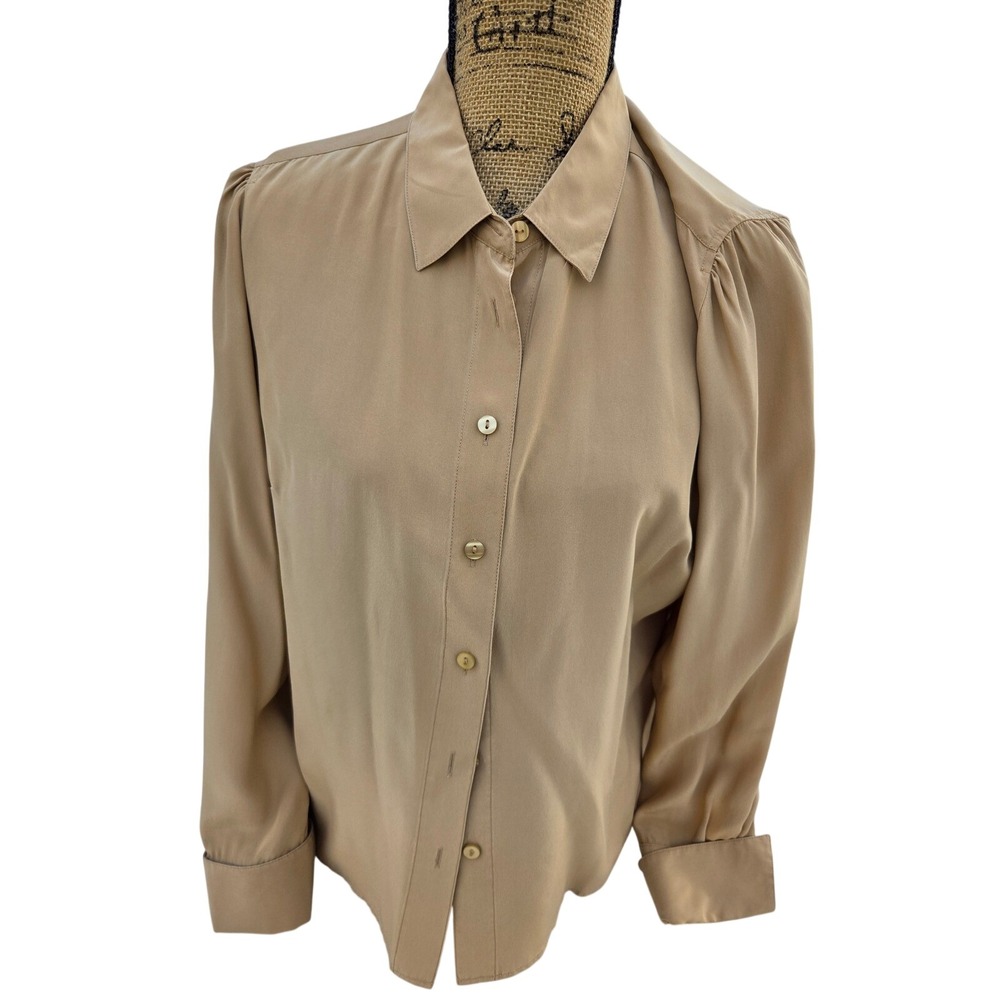 Preston & York Blouse Women 14P Tan 100%‎ Silk Puff Shoulder French Cuff Vintage